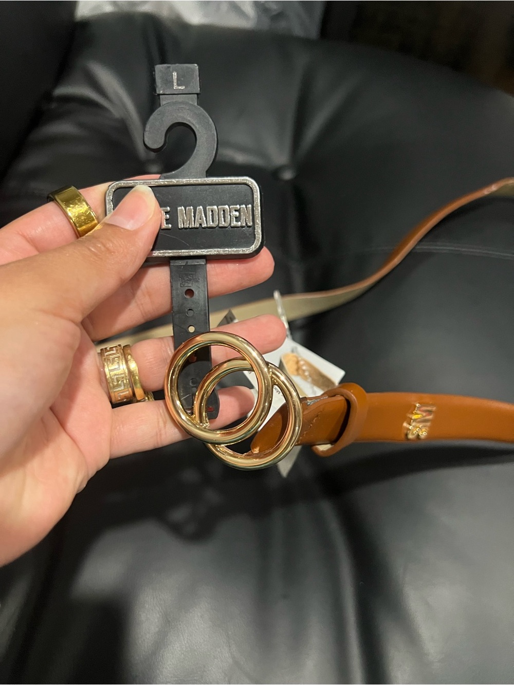 Steve Madden brown Leather Belt with Gold Double Ring Buckle